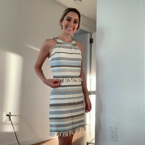 Authentic Tory Burch White Gray Beige Blue Striped Short Casual Shift Dress 0